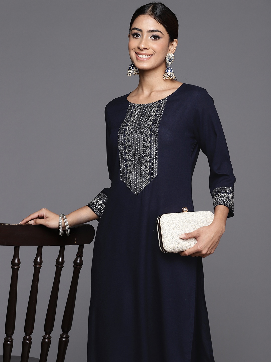 

Libas Women Ethnic Motifs Yoke Design Regular Sequinned Kurta with Trousers, Blue