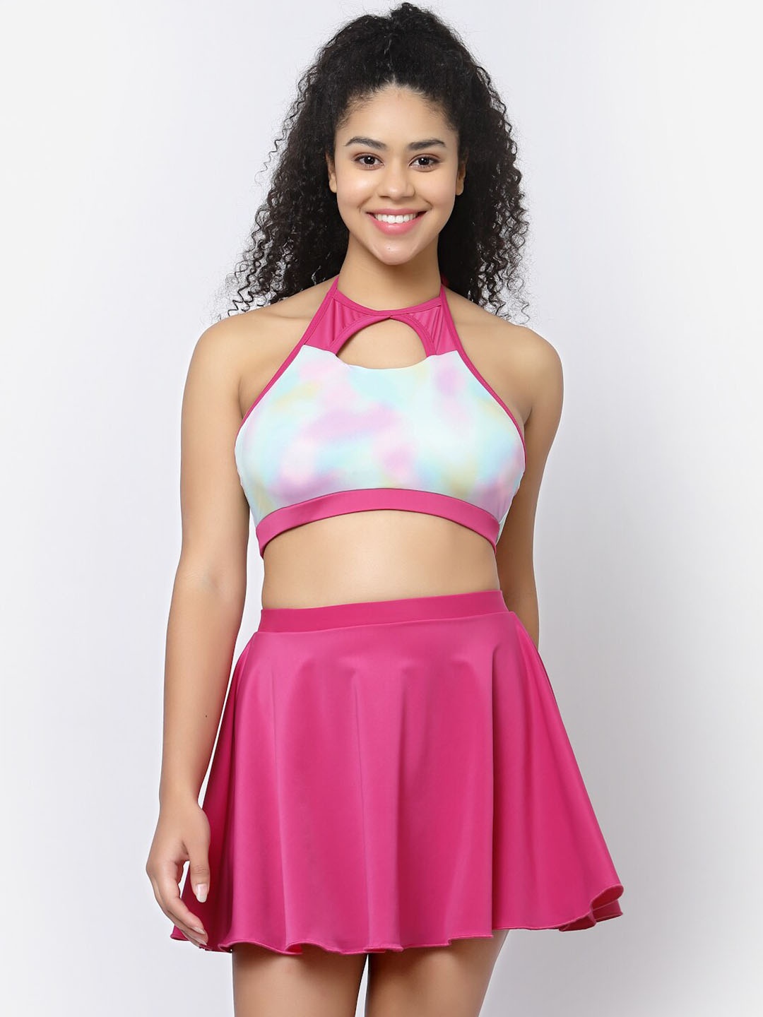 

CUKOO Printed Padded Two Piece Skirtini Swimwear, Pink