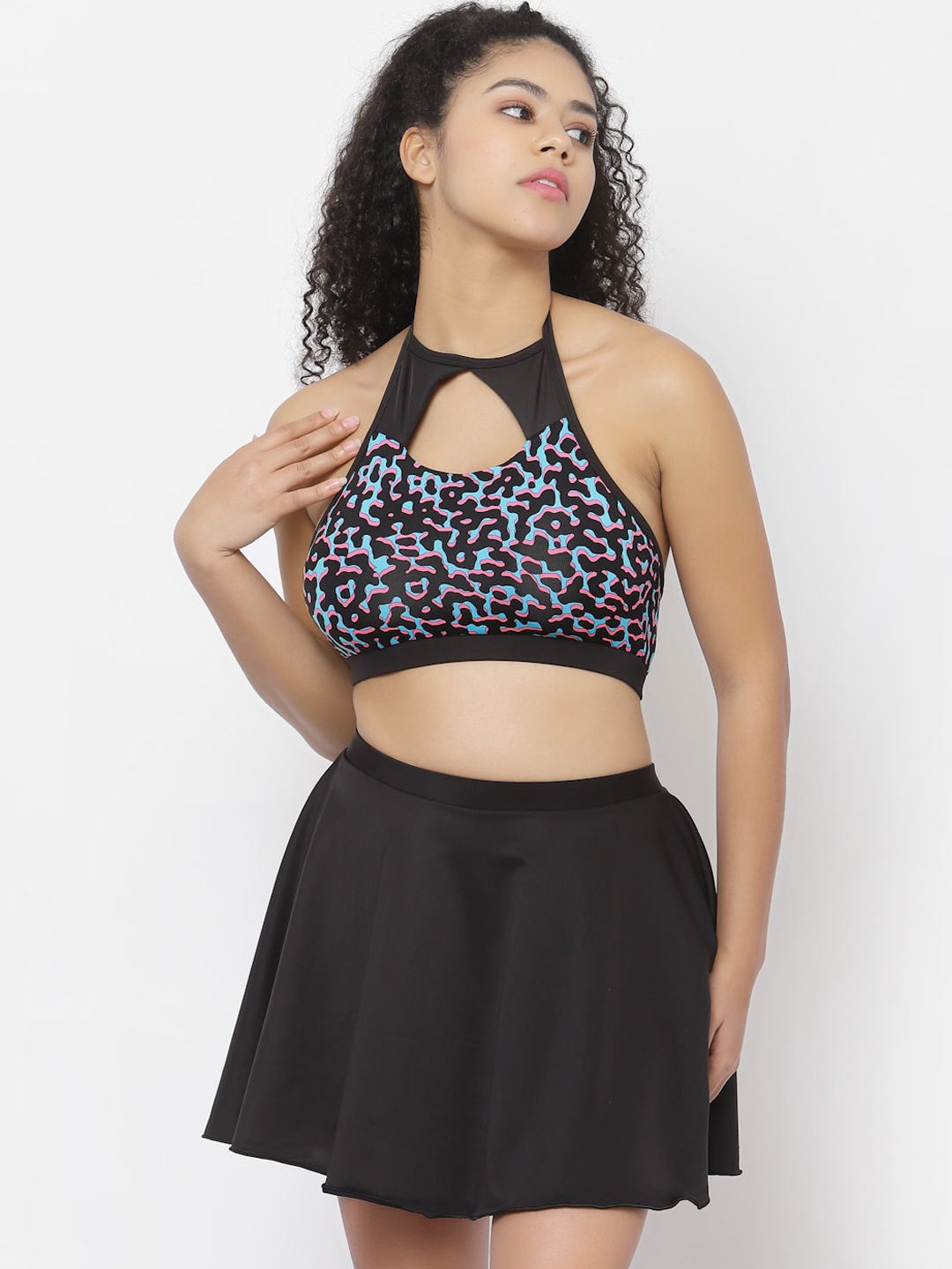 

CUKOO Printed Padded Two Piece Skirtini Swimwear, Black