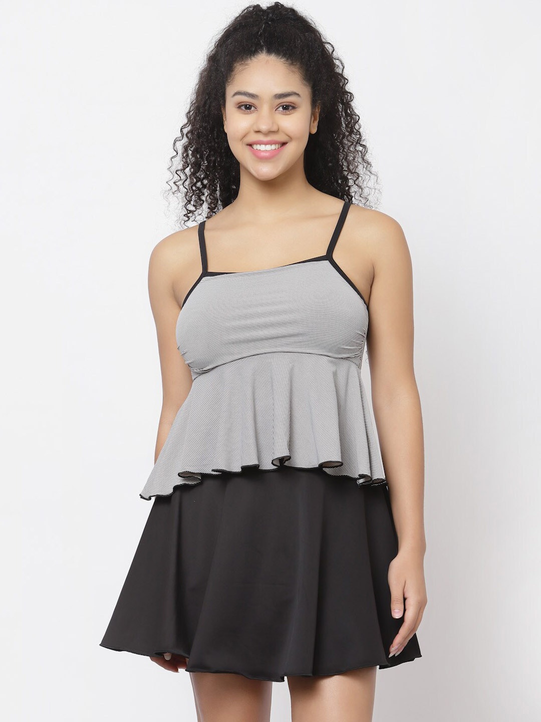 

CUKOO Striped Padded Two Piece Skirtini Swimwear, Black