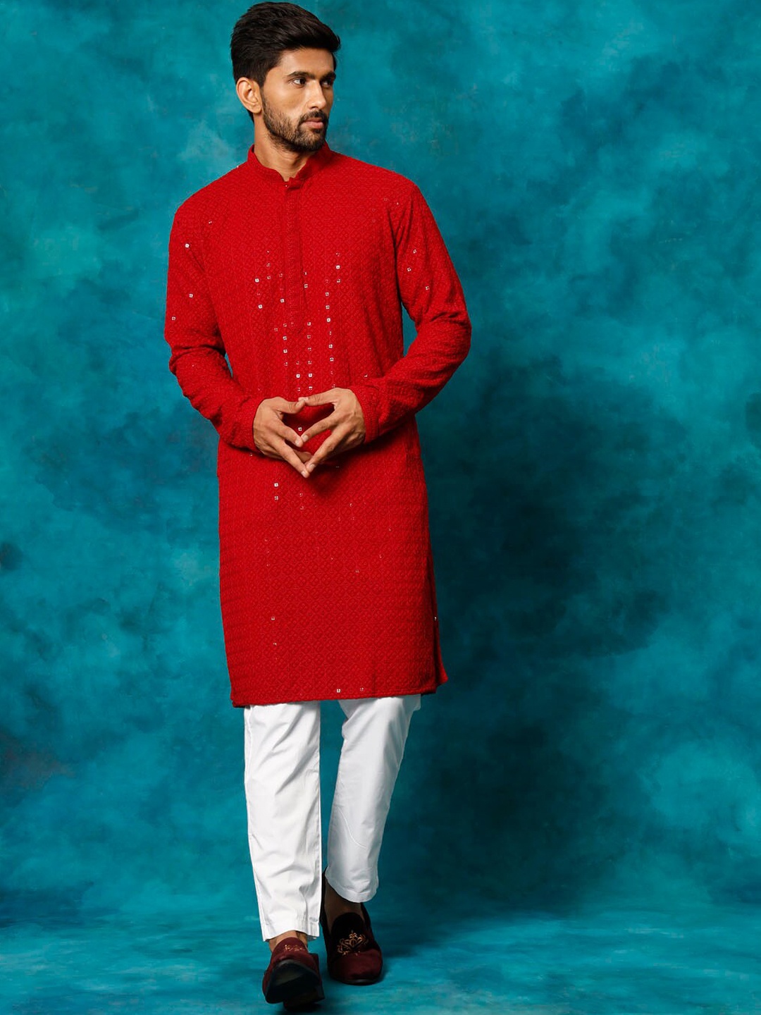 

VASTRAMAY Ethnic Motifs Embroidered Regular Sequinned Kurta With Pyjamas, Maroon