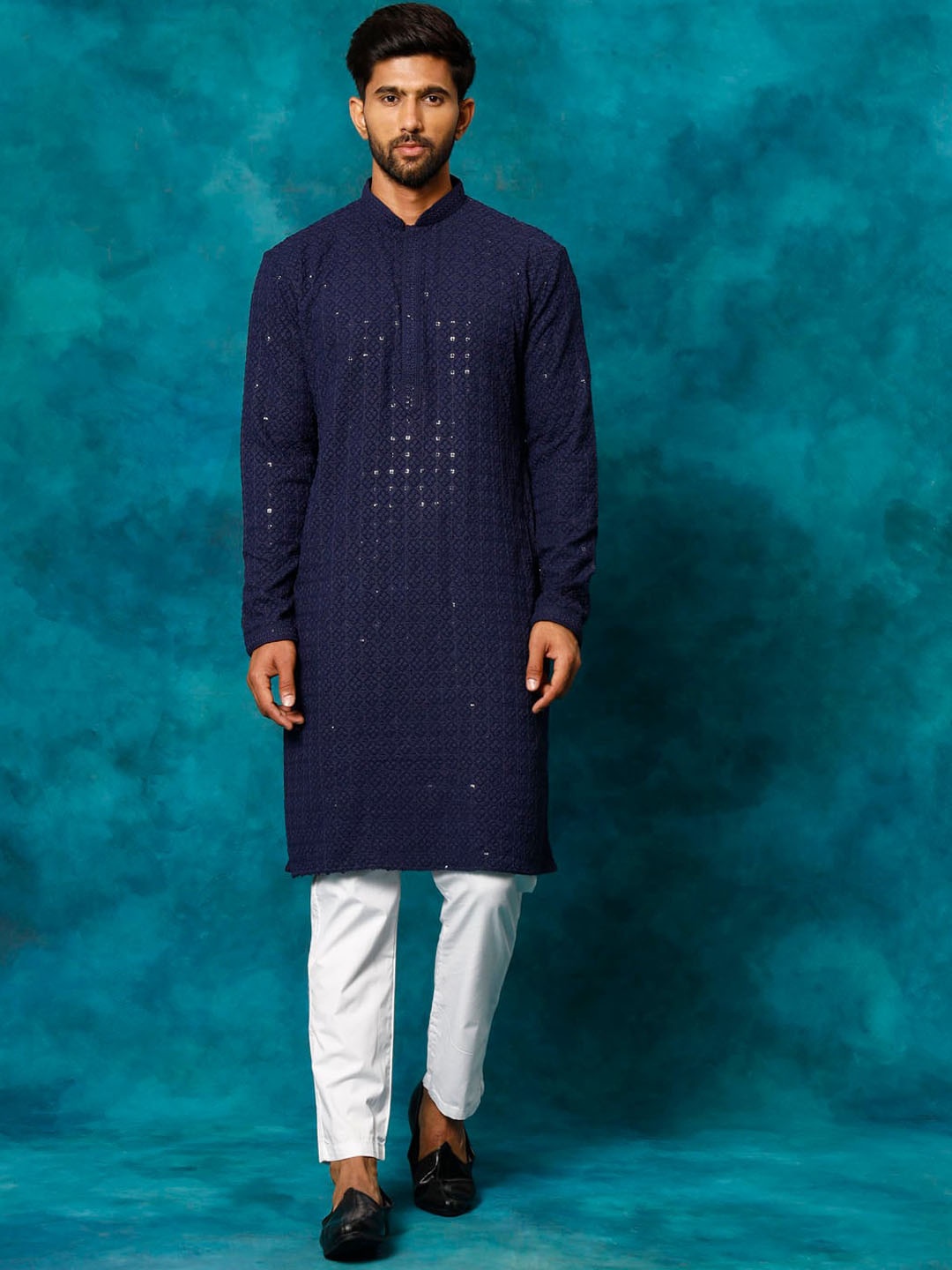 

VASTRAMAY Ethnic Motifs Embroidered Regular Sequinned Kurta With Pyjamas, Navy blue