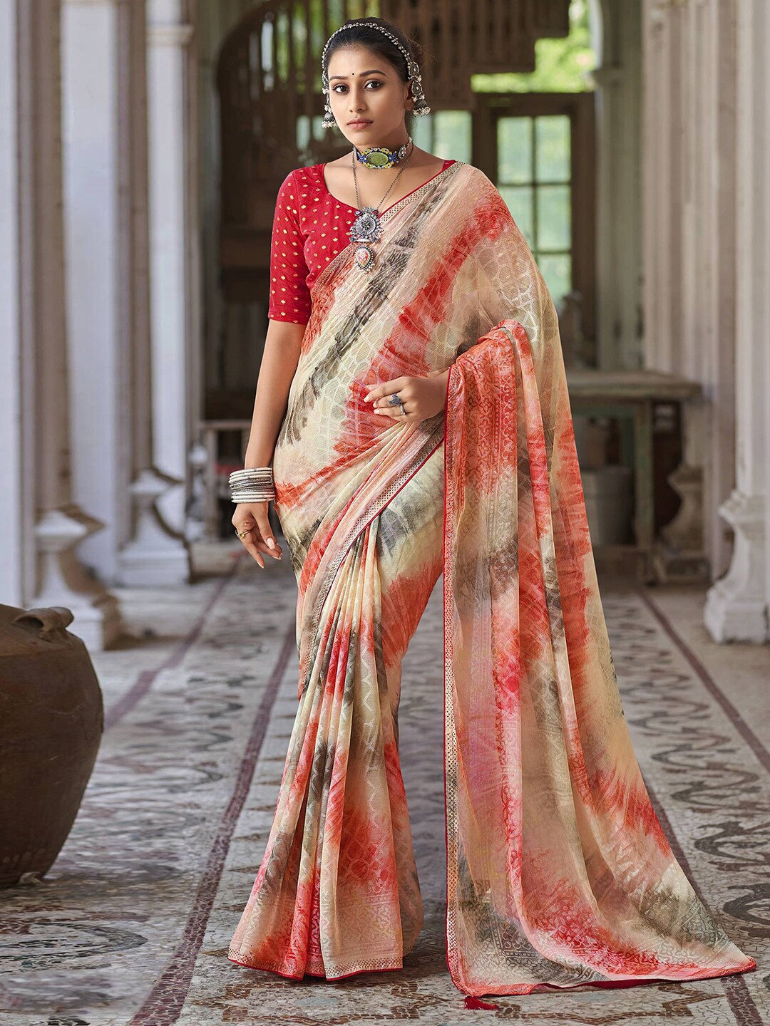 

Satrani Tie & Dye Dyed Brasso Saree, Peach