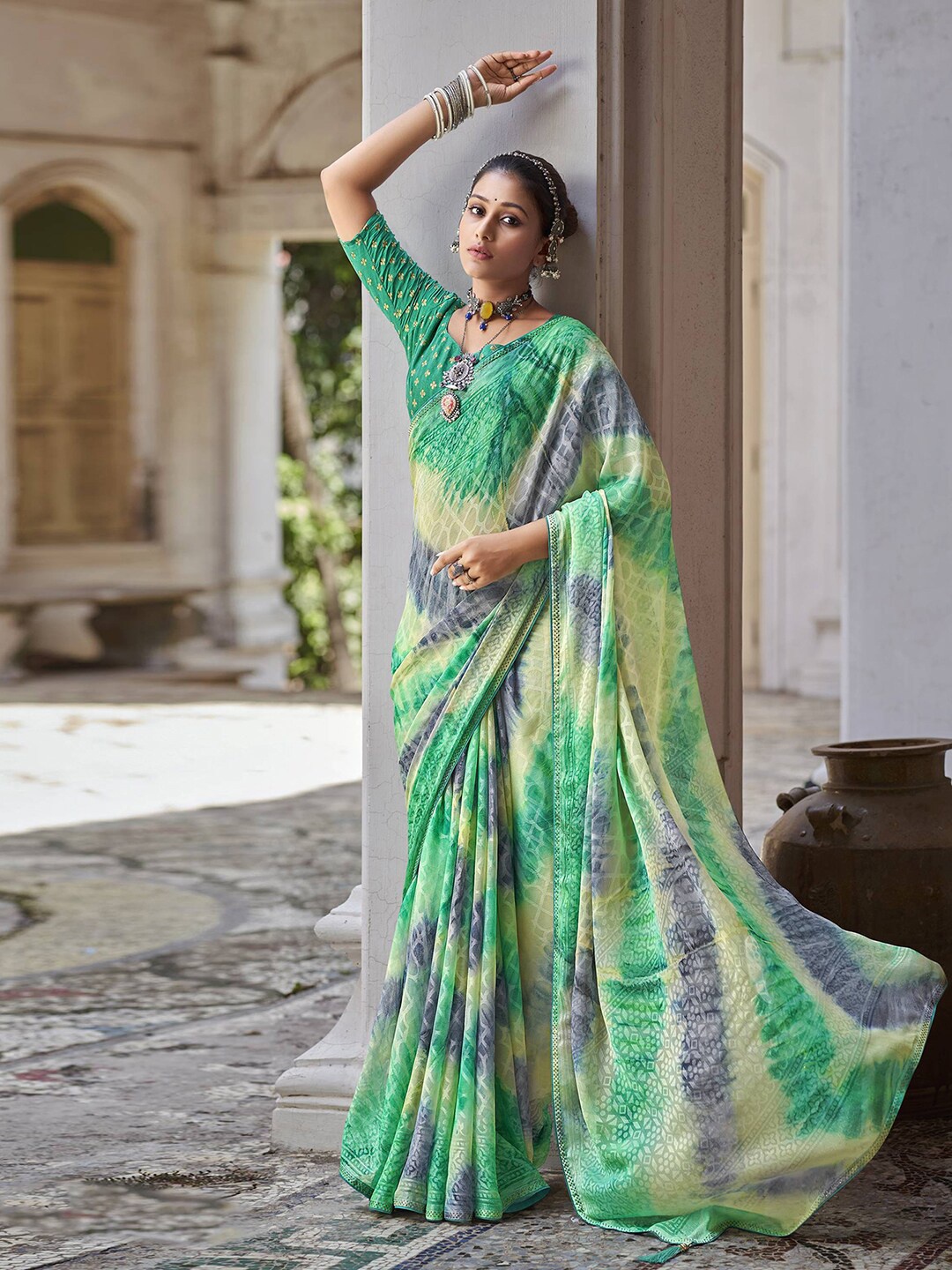 

Satrani Tie and Dye Printed Beads and Stones Detail Saree, Green