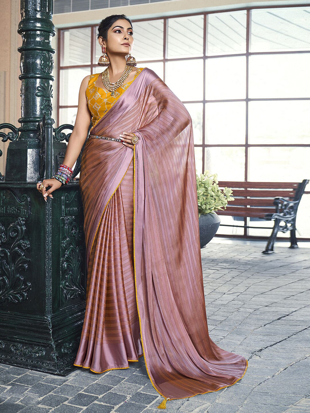 

Satrani Striped Beads and Stones Detail Saree, Peach