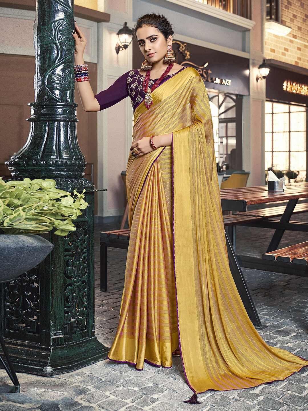 

Satrani Striped Beads and Stones Detail Saree, Beige