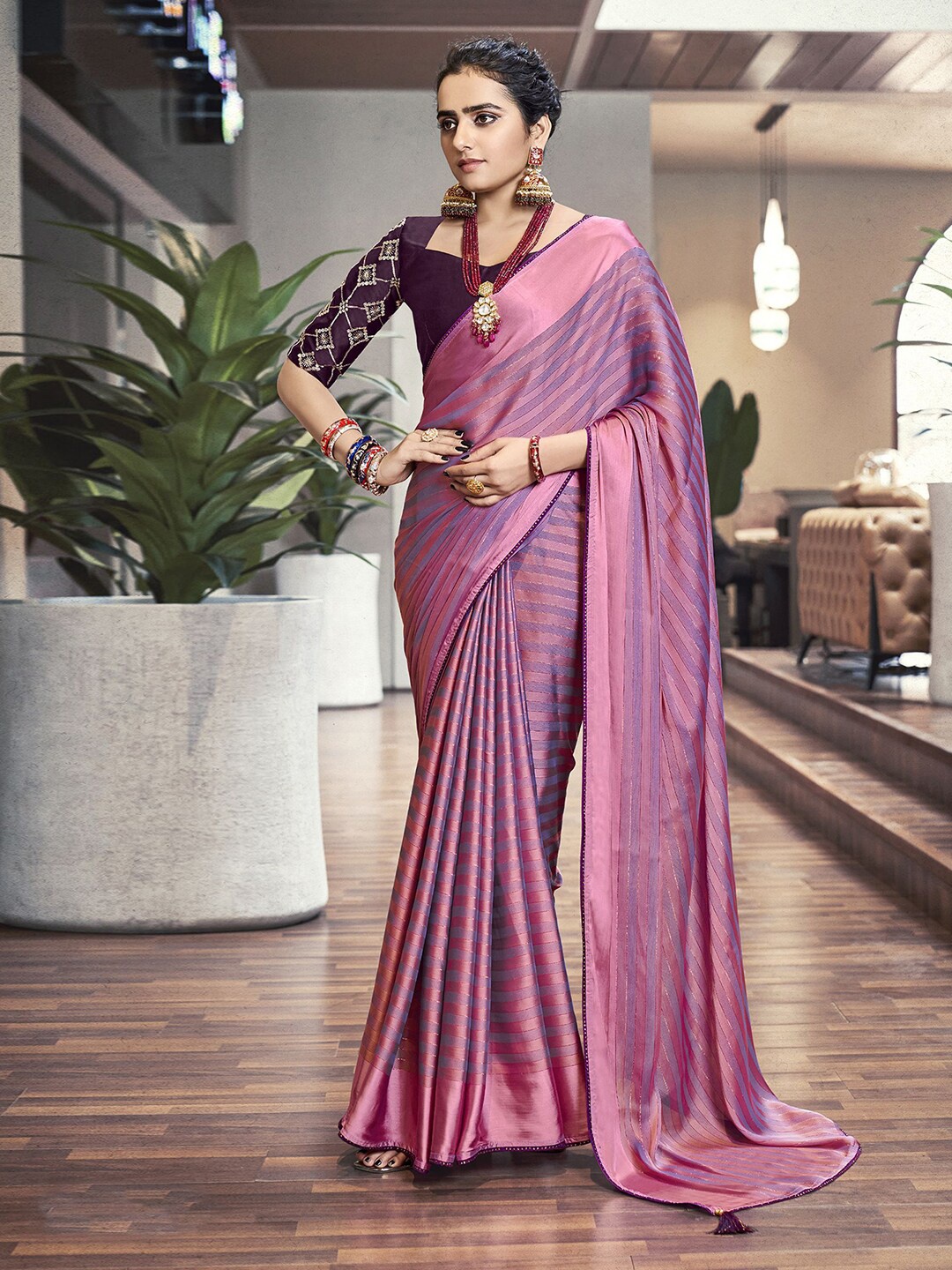 

Satrani Striped Beads and Stones Detail Saree, Pink