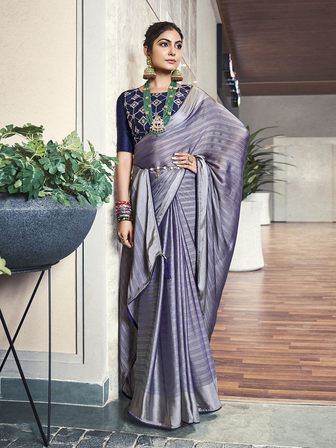

Satrani Striped Beads and Stones Detail Saree, Grey