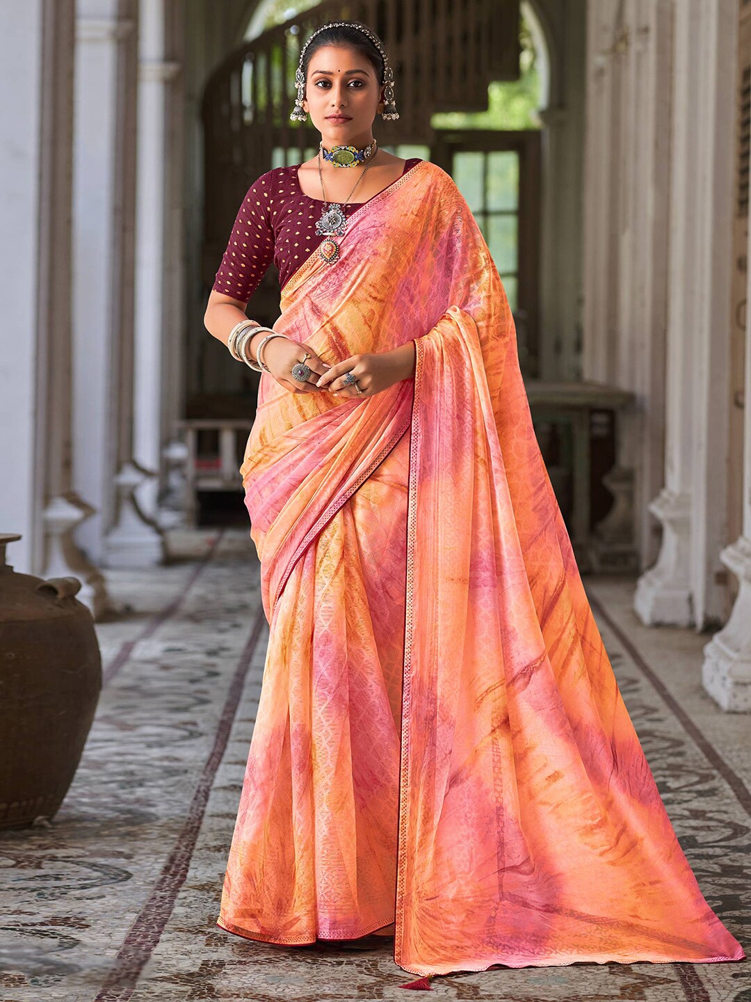 

Satrani Tie and Dye Printed Beads and Stones Detail Saree, Orange