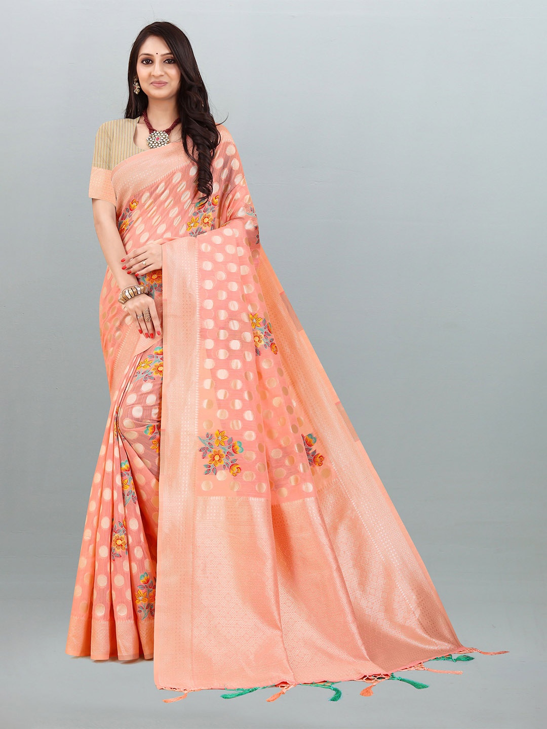 

V3 FASHION STUDIO Ethnic Motifs Woven Design Zari Pure Linen Banarasi Saree, Peach