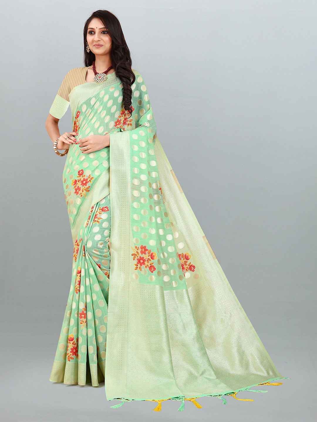 

V3 FASHION STUDIO Ethnic Motifs Woven Design Zari Pure Linen Banarasi Saree, Green