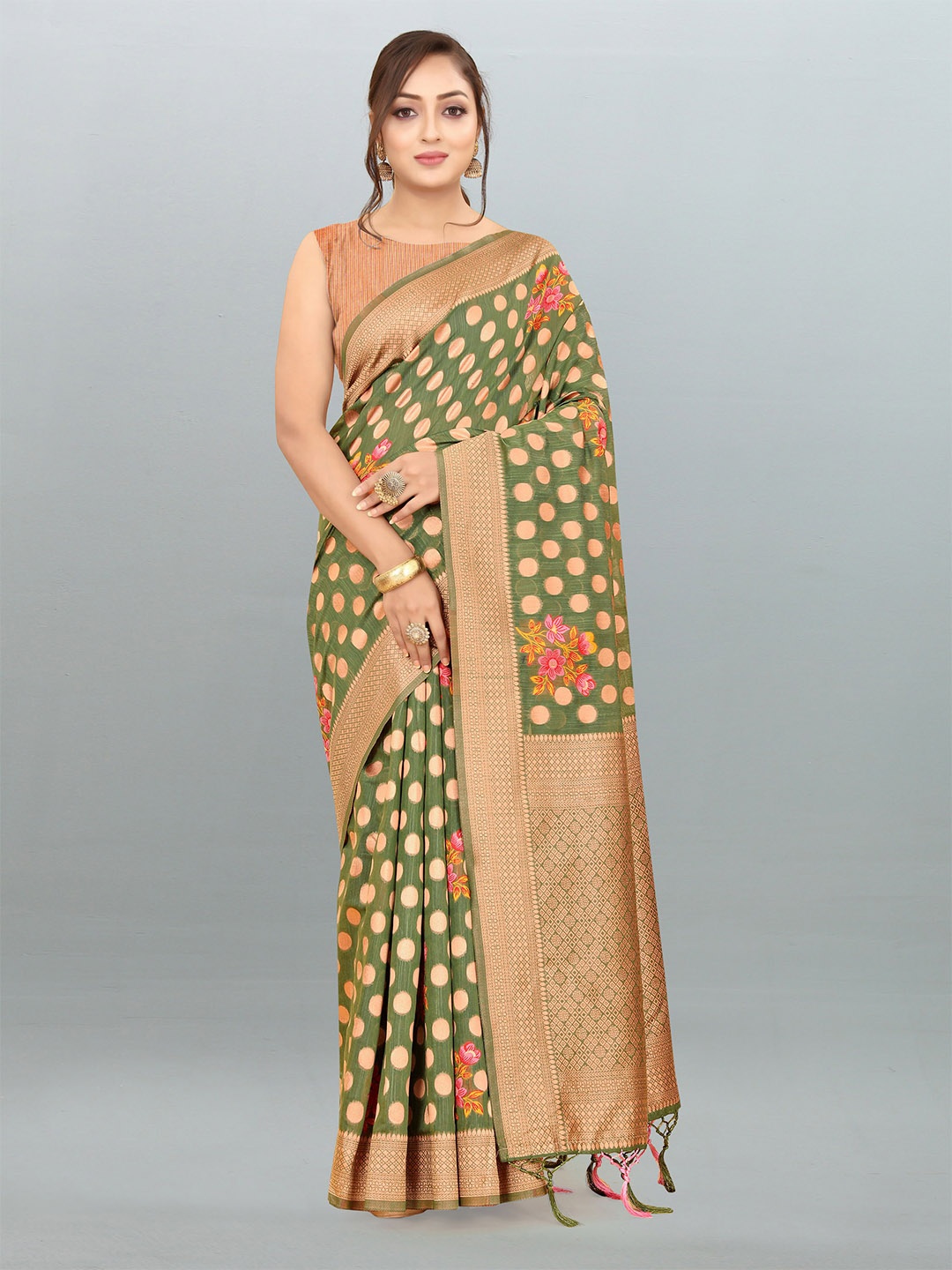 

V3 FASHION STUDIO Ethnic Motifs Woven Design Zari Pure Linen Banarasi Saree, Black