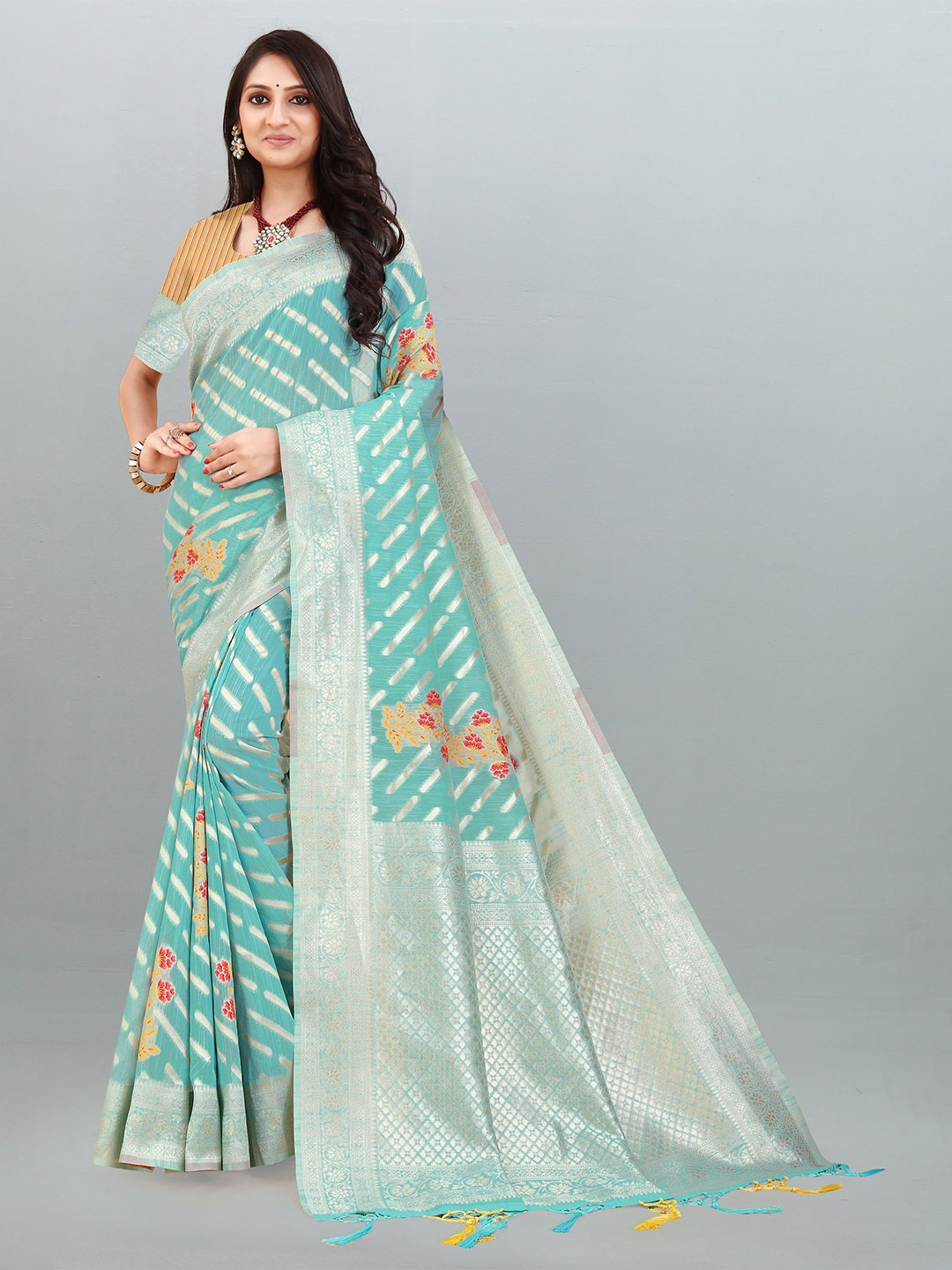 

V3 FASHION STUDIO Ethnic Motifs Woven Design Zari Pure Linen Banarasi Saree, Blue