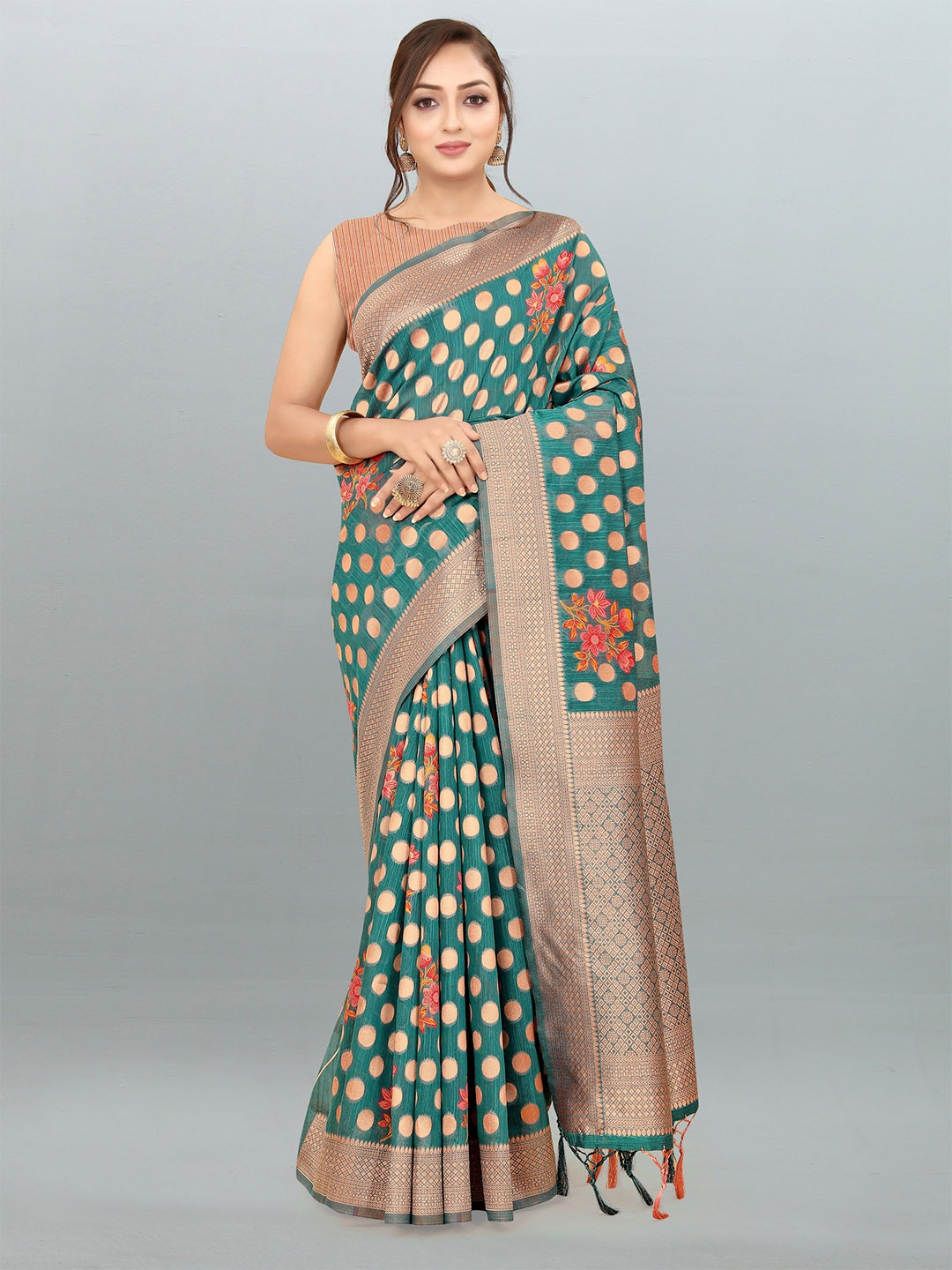 

V3 FASHION STUDIO Ethnic Motifs Woven Design Zari Pure Linen Banarasi Saree, Teal