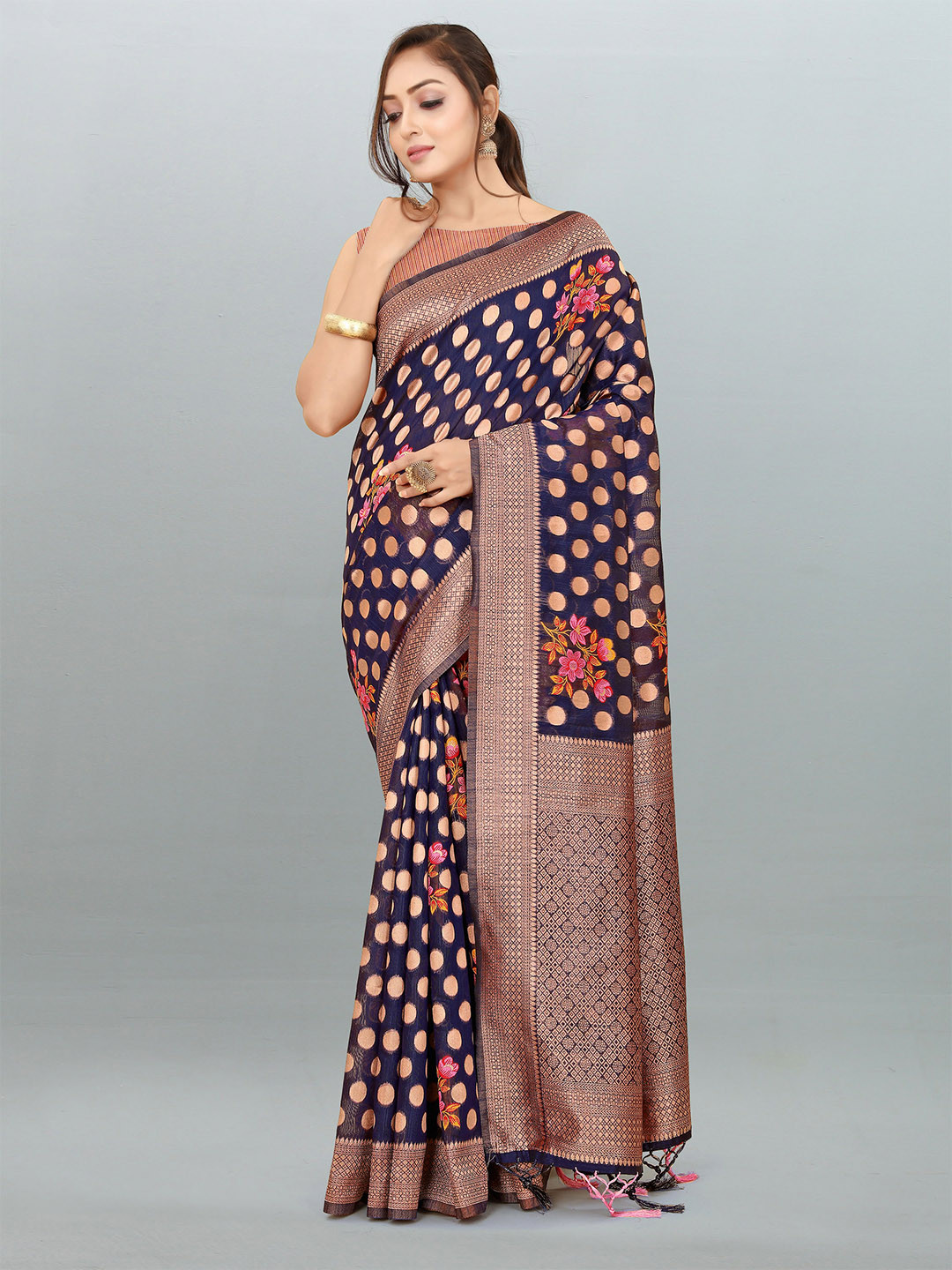 

V3 FASHION STUDIO Ethnic Motifs Woven Design Zari Pure Linen Banarasi Saree, Navy blue