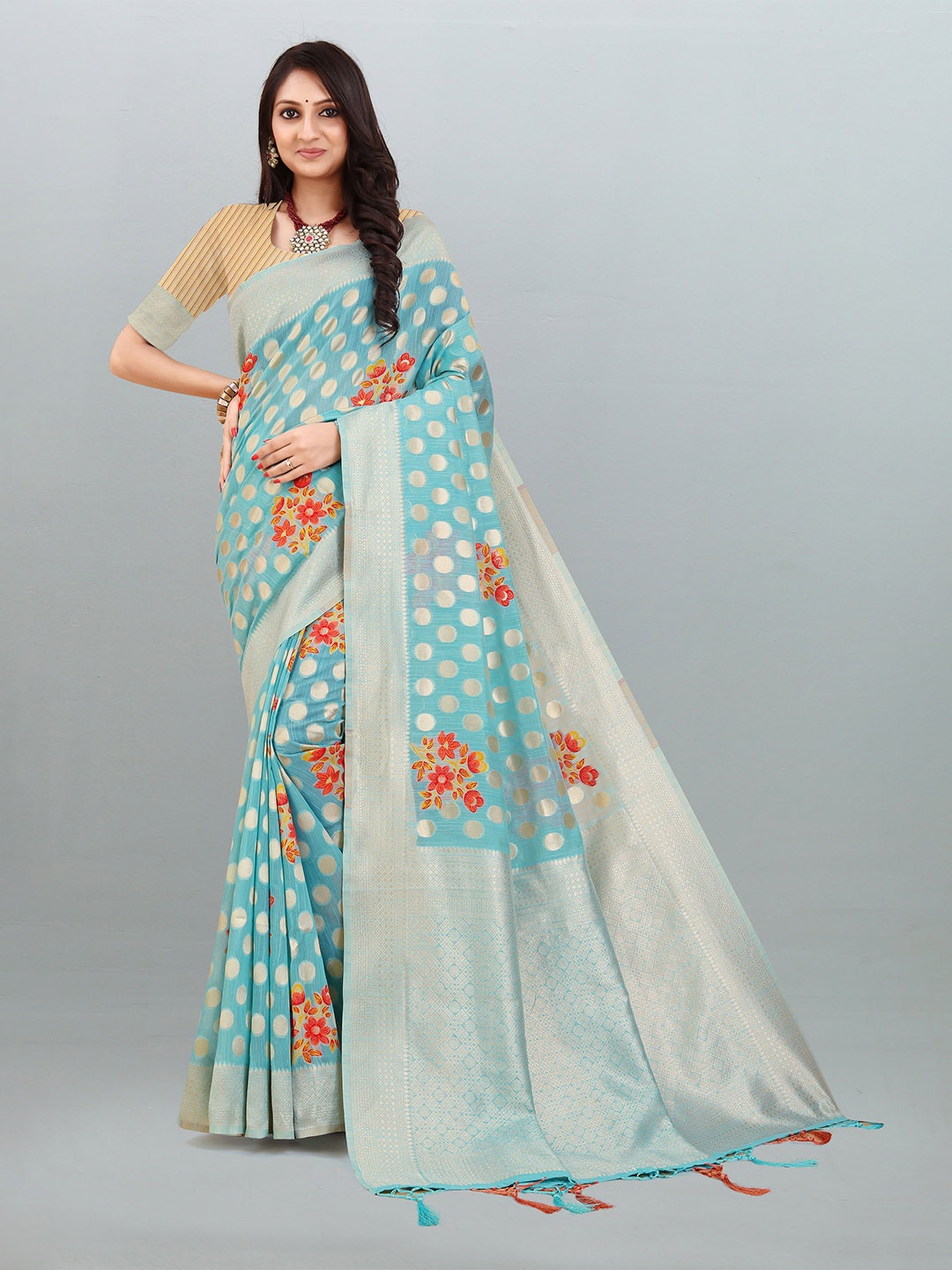 

V3 FASHION STUDIO Ethnic Motifs Woven Design Zari Pure Linen Banarasi Saree, Blue