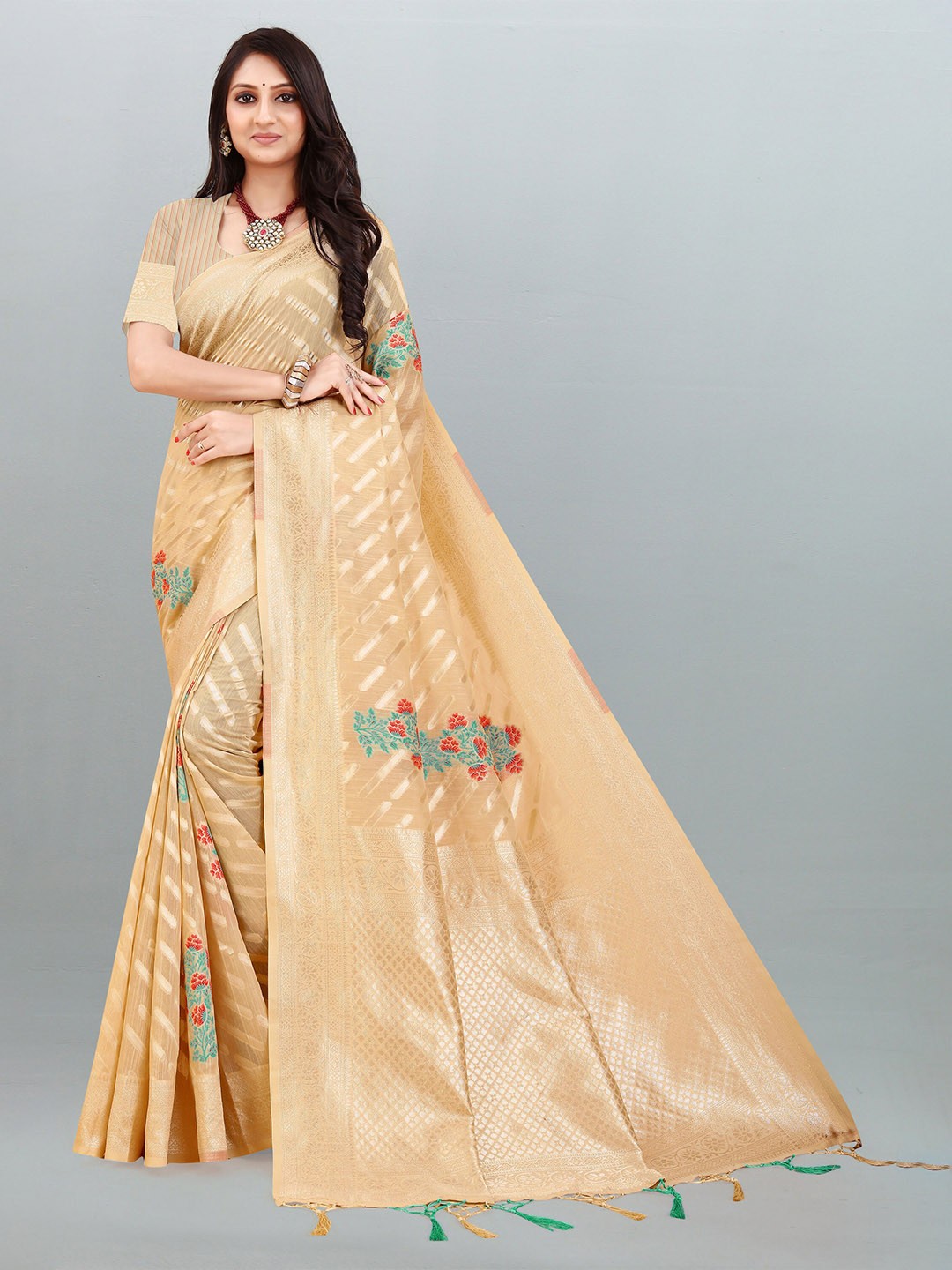 

V3 FASHION STUDIO Leheriya Woven Design Zari Pure Linen Banarasi Saree, Cream