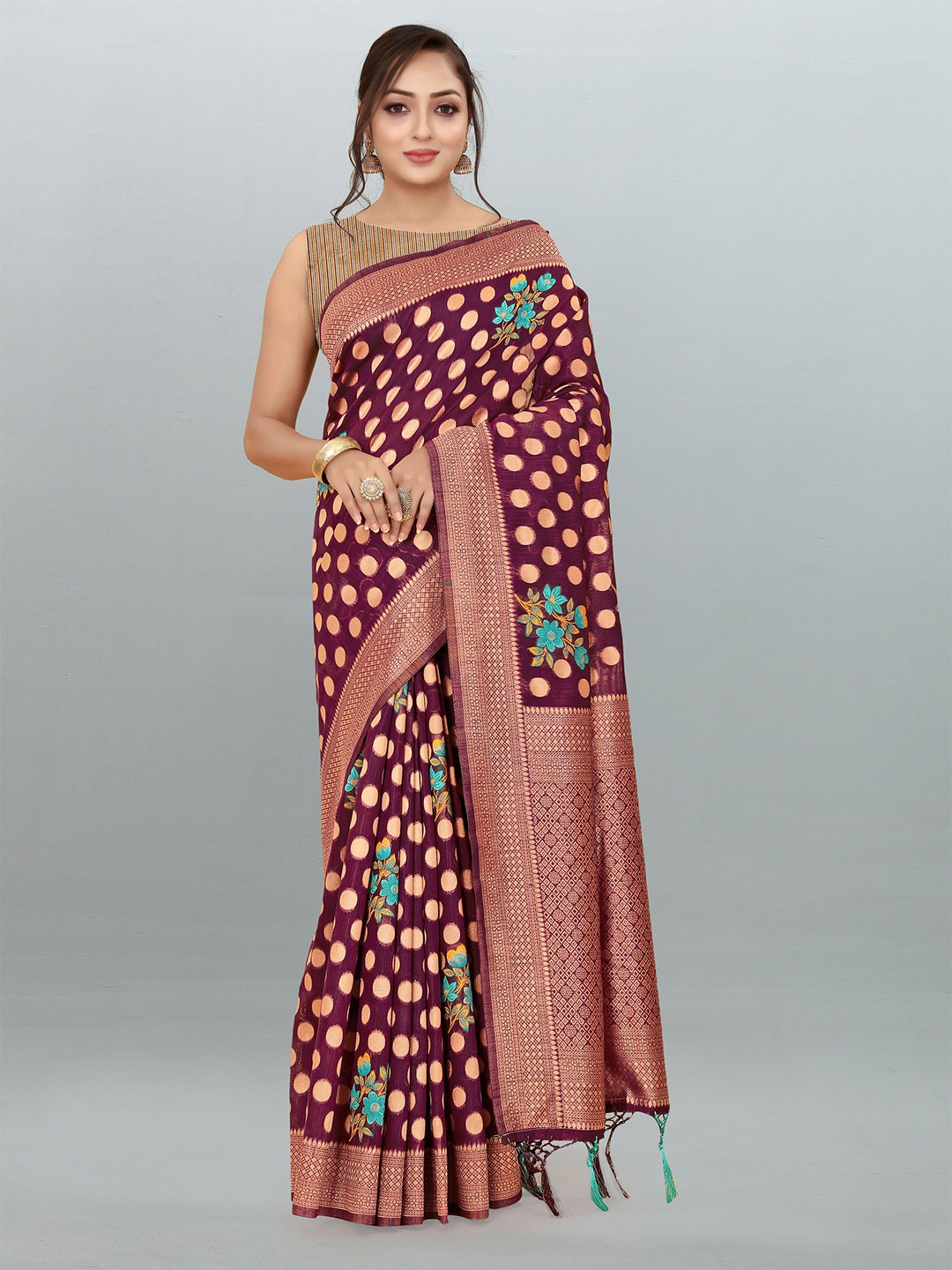 

V3 FASHION STUDIO Ethnic Motifs Woven Design Zari Pure Linen Banarasi Saree, Maroon