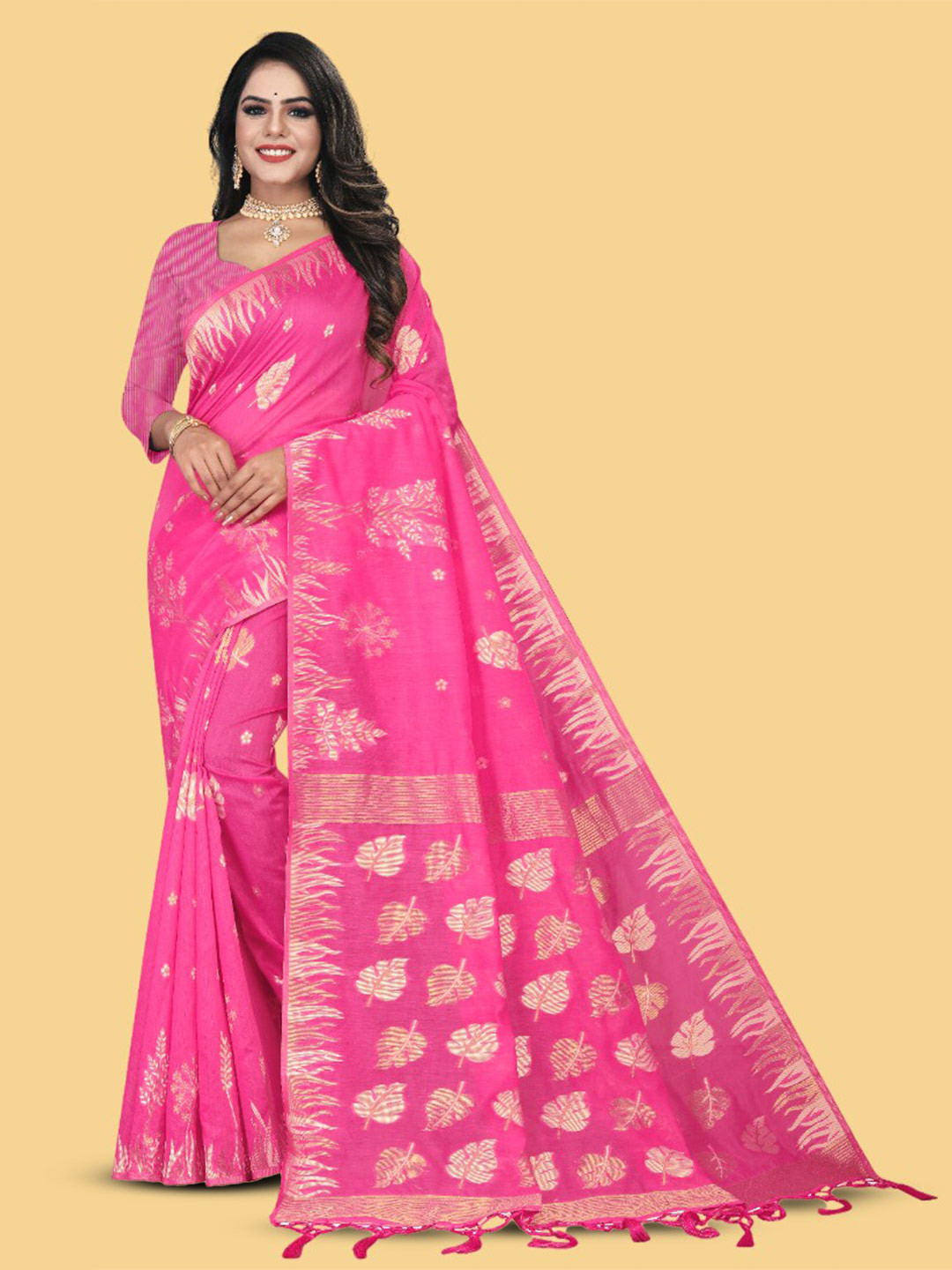 

V3 FASHION STUDIO Floral Woven Design Zari Pure Cotton Banarasi Saree, Pink