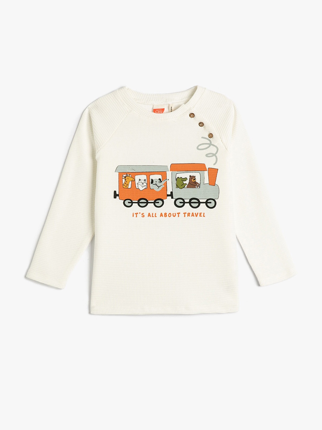 Koton Boys Graphic Printed Cotton T-shirt, Cream