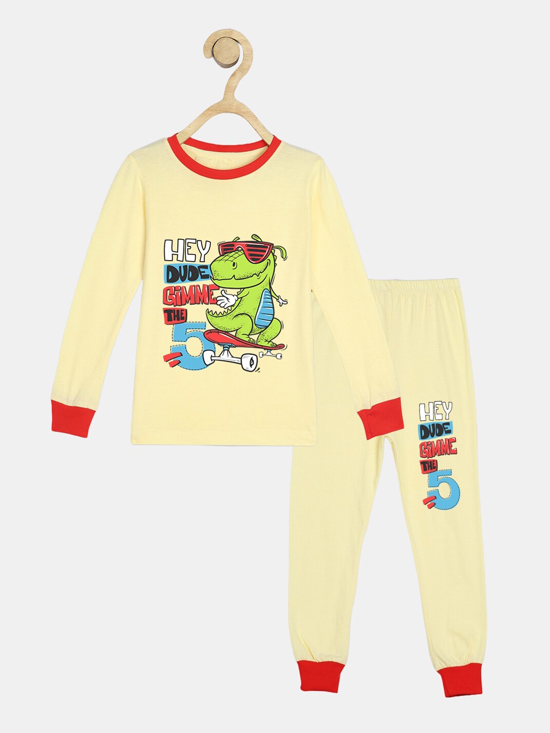 

Wyld Sprog Kids Graphic Printed Pure Cotton T-Shirt & Pyjama, Yellow