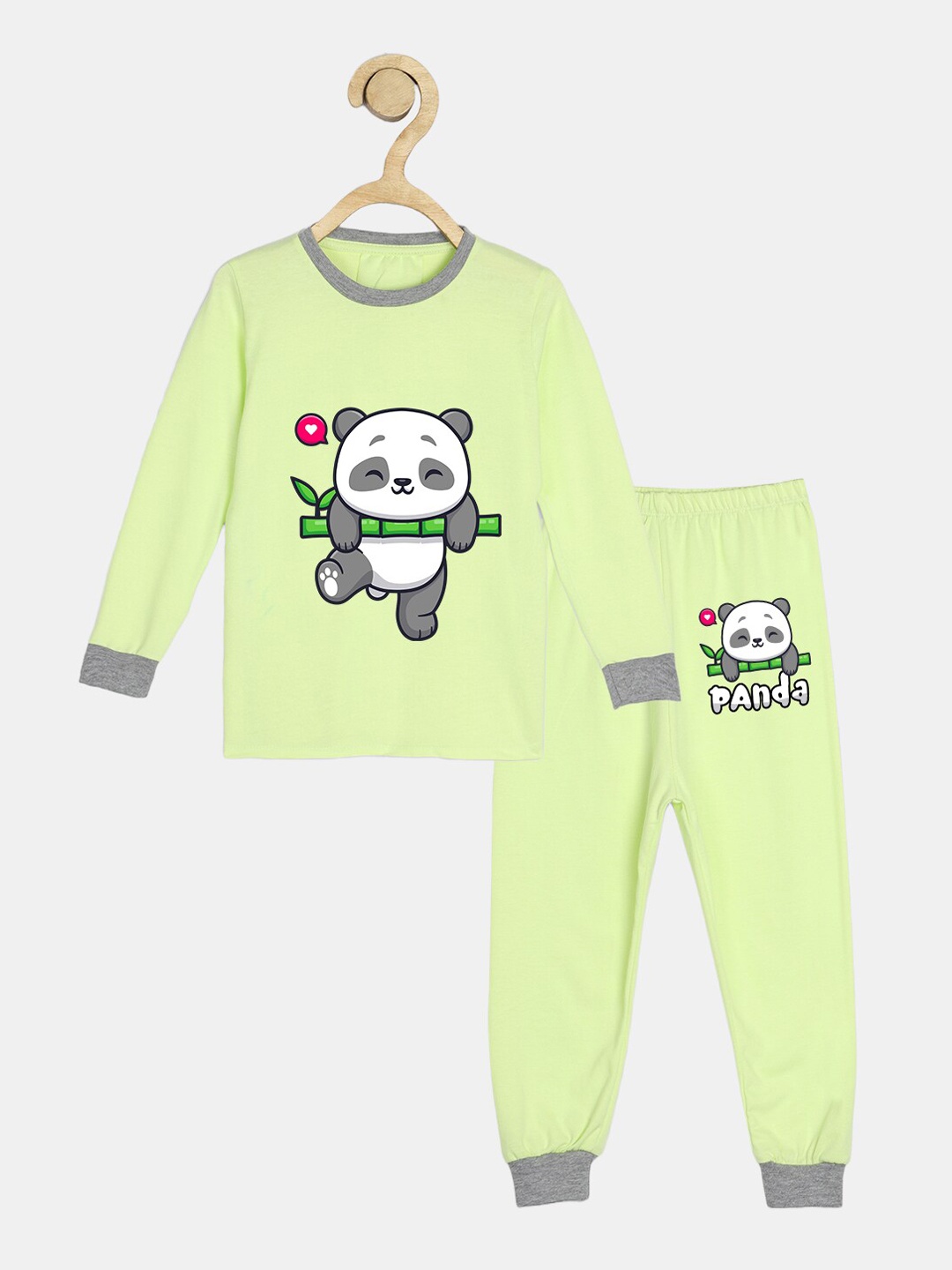 

Wyld Sprog Kids Graphic Panda Printed Pure Cotton T-Shirt & Pyjama, Lime green