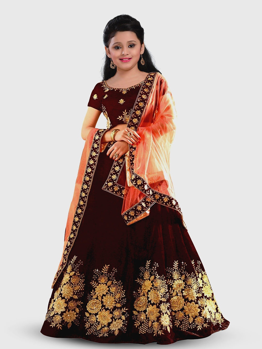 

BAESD Girls Embroidered Sequinned Semi-Stitched Lehenga & Unstitched Blouse With Dupatta, Maroon