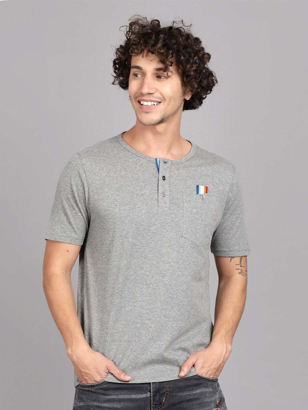 

Steenbok Henley Neck Cotton Slim Fit T-shirt, Grey