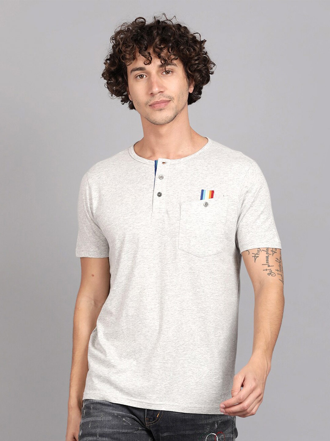 

Steenbok Henley Neck Cotton Slim Fit T-shirt, Grey melange
