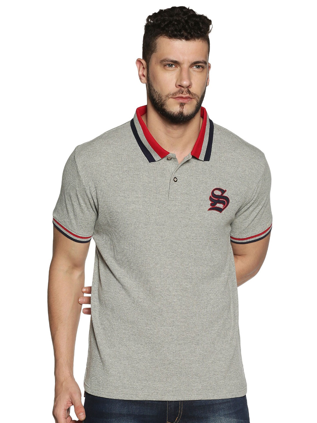 

Steenbok Graphic Printed Polo Collar Cotton Slim Fit T-shirt, Grey