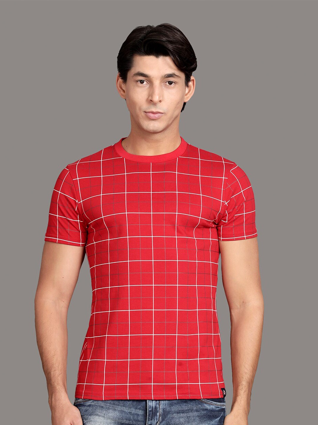 

Steenbok Checked Round Neck Short Sleeves Pure Cotton Slim Fit T-shirt, Red