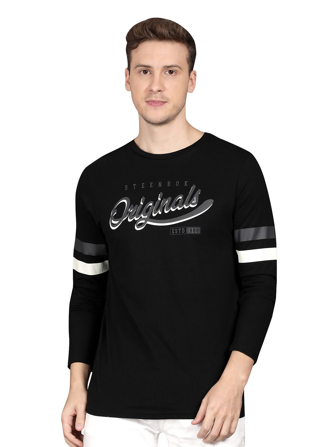 

Steenbok Typography Printed Round Neck Long Sleeves Pure Cotton Slim Fit T-shirt, Black