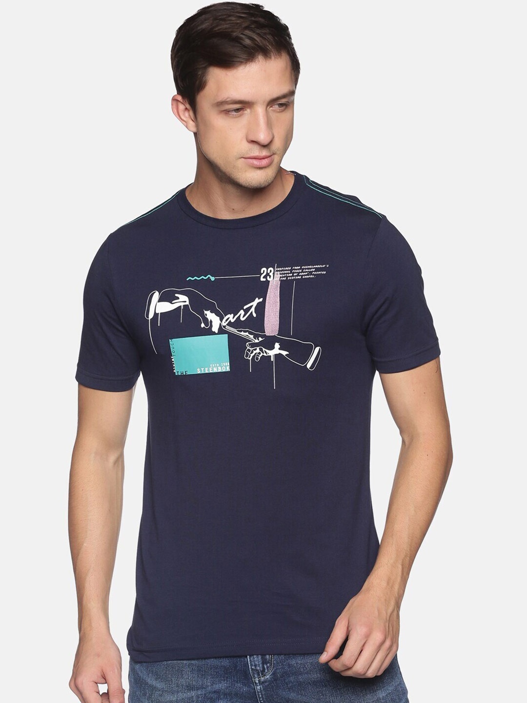 

Steenbok Graphic Printed Round Neck Short Sleeves Cotton Slim Fit T-shirt, Navy blue