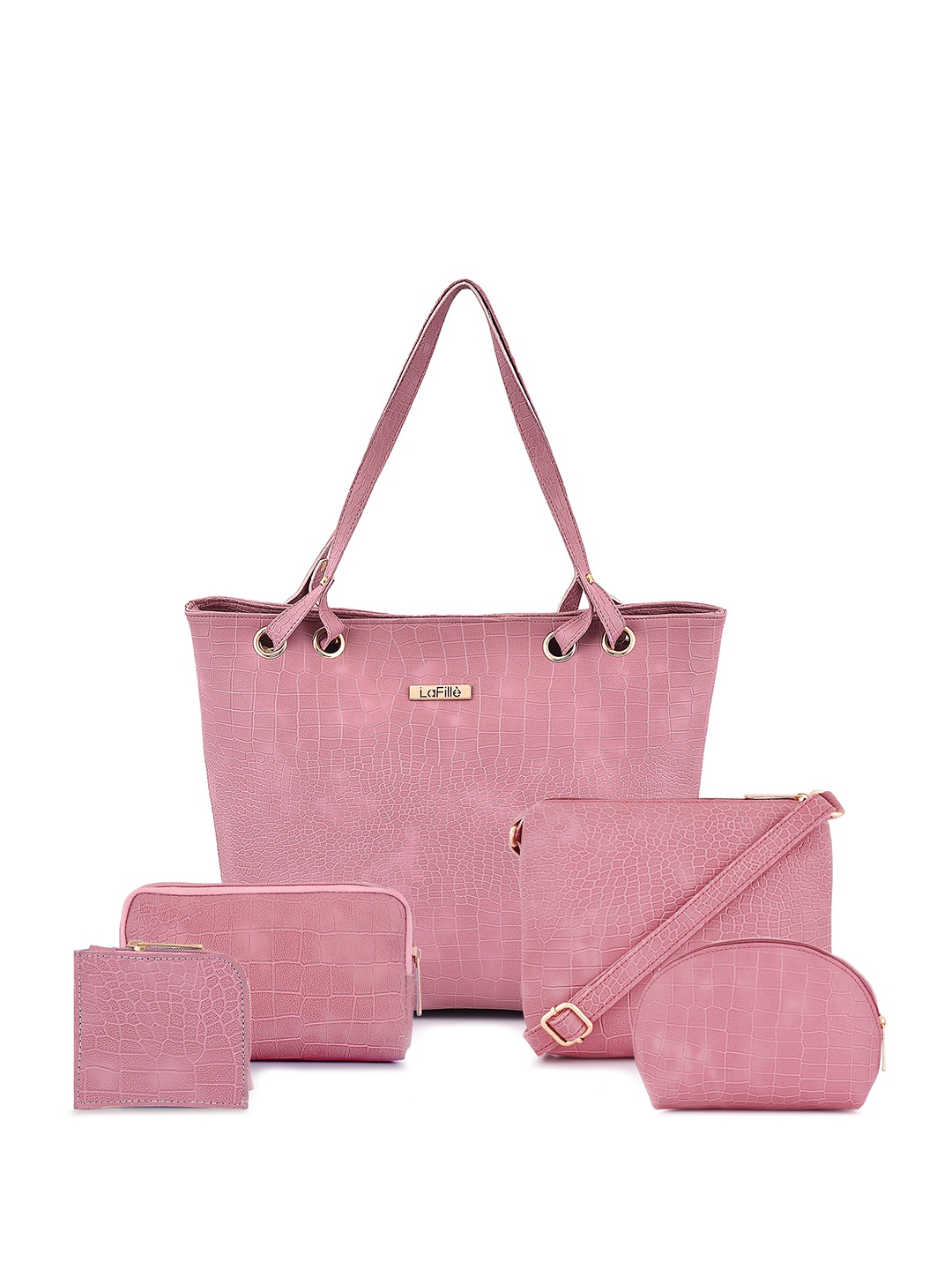 

LaFille Set Of 5 Textured Structured Handbags, Pink