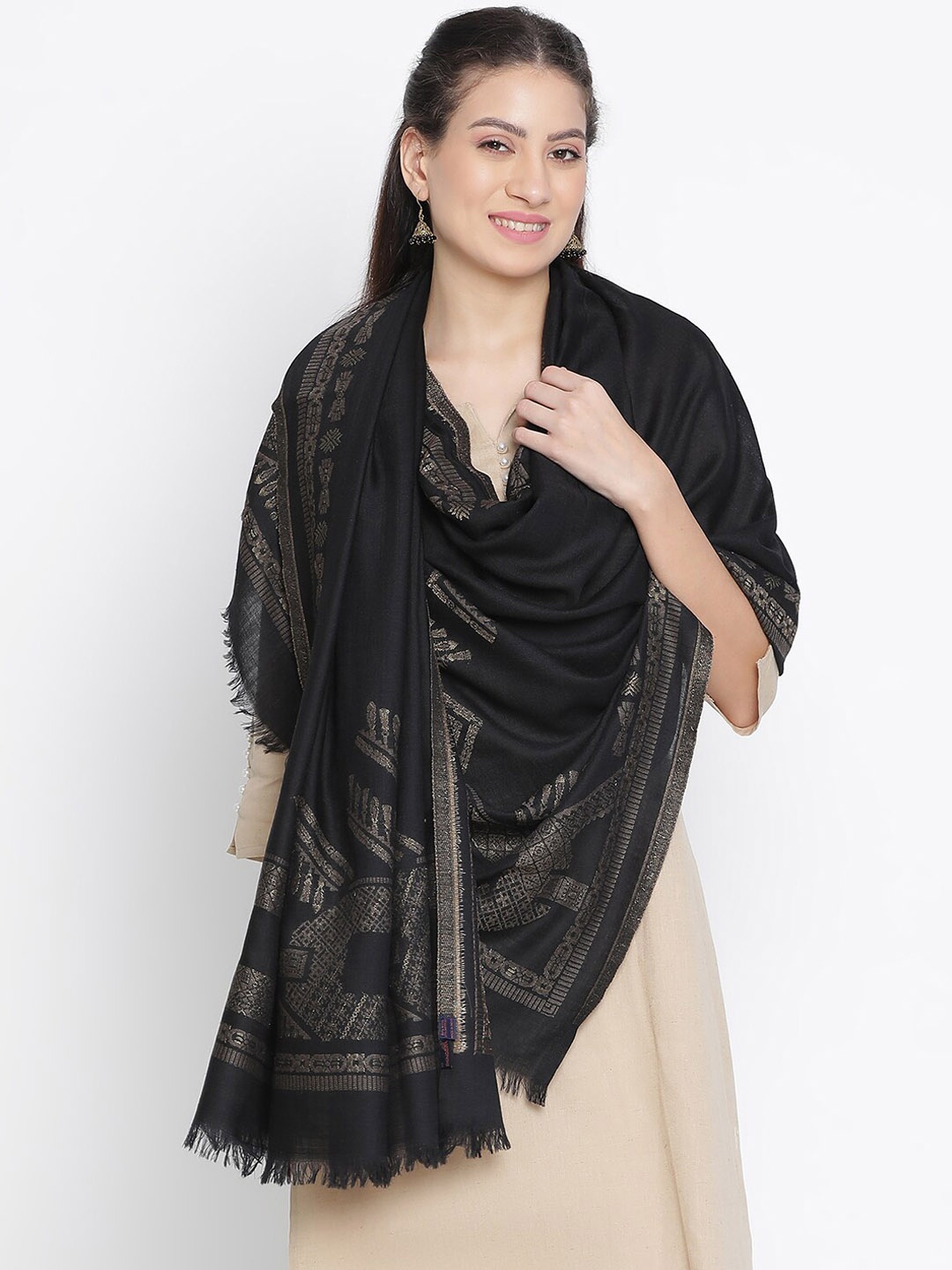 

SHINGORA Ethnic Motifs Woven Design Jacquard Shawl, Black