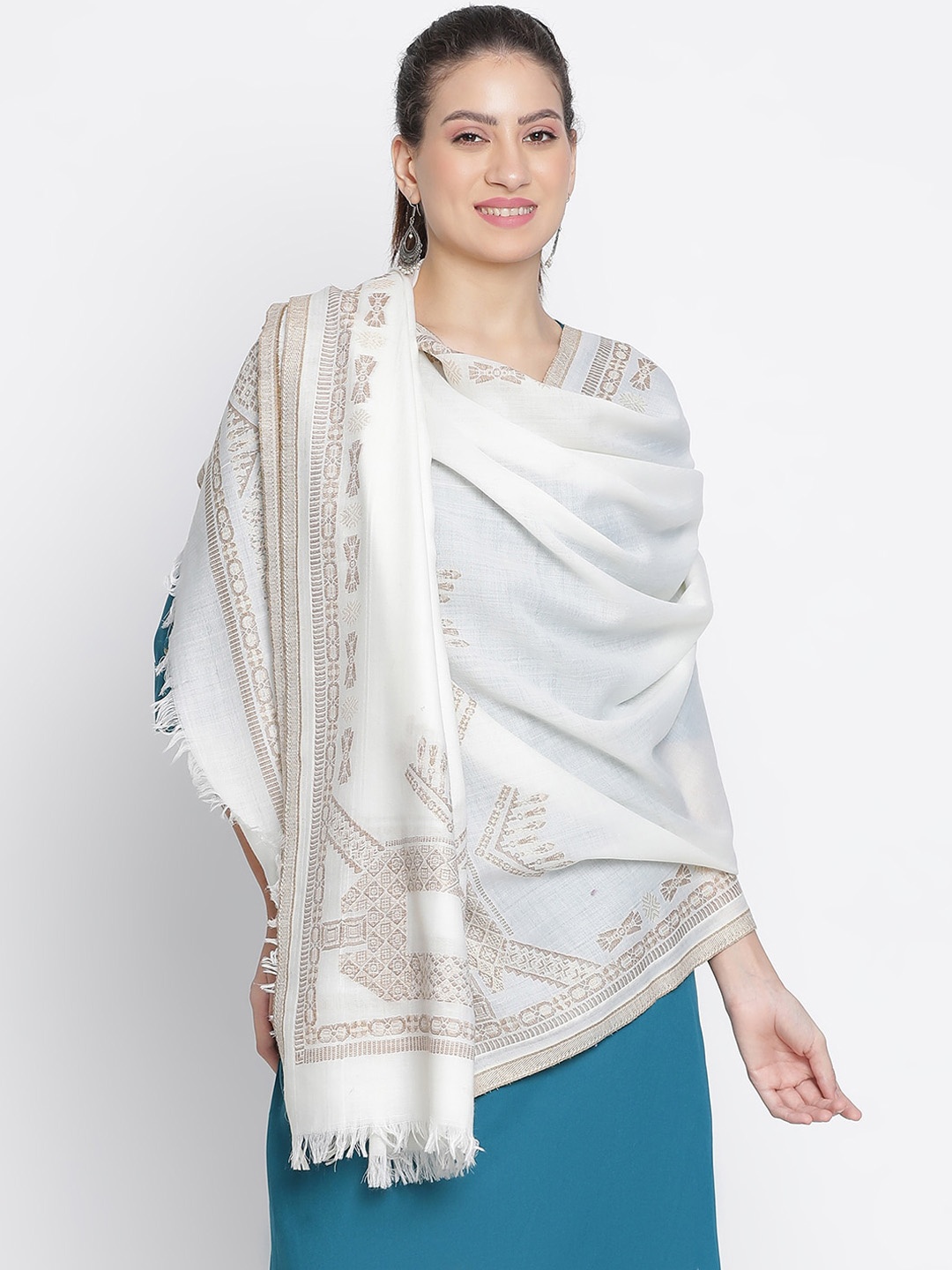 

SHINGORA Ethnic Motifs Woven Design Wool Shawl, Off white