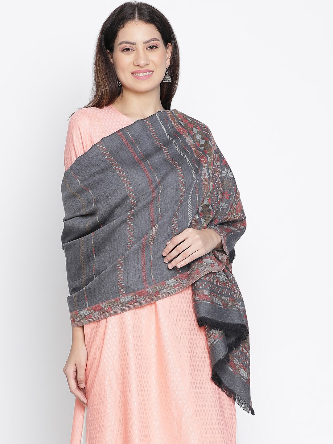 

SHINGORA Geometric Woven Design Wool Jacquard Shawl, Grey