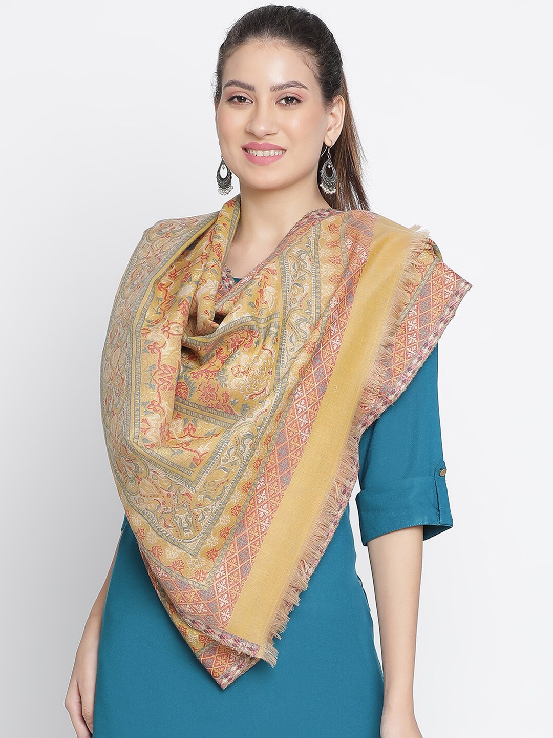 

SHINGORA Ethnic Motifs Woven Design Woolen Shawl, Mustard