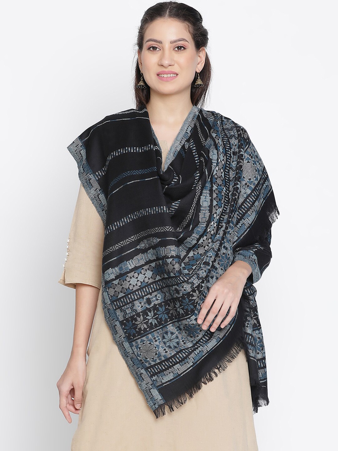 

SHINGORA Ethnic Motifs Woven Design Wool Shawl, Black