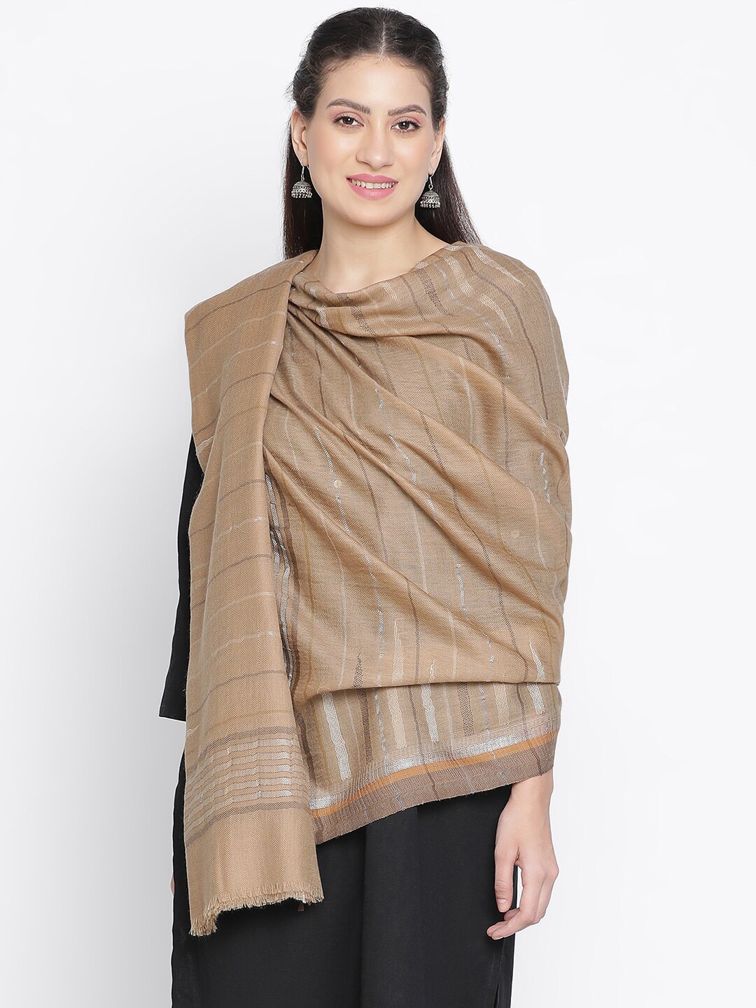 

SHINGORA Striped Woven-Design Woolen Shawl, Beige