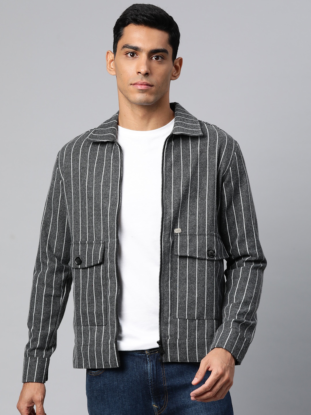 

Pierre Carlo Men Striped Woollen Open Front Jacket, Grey