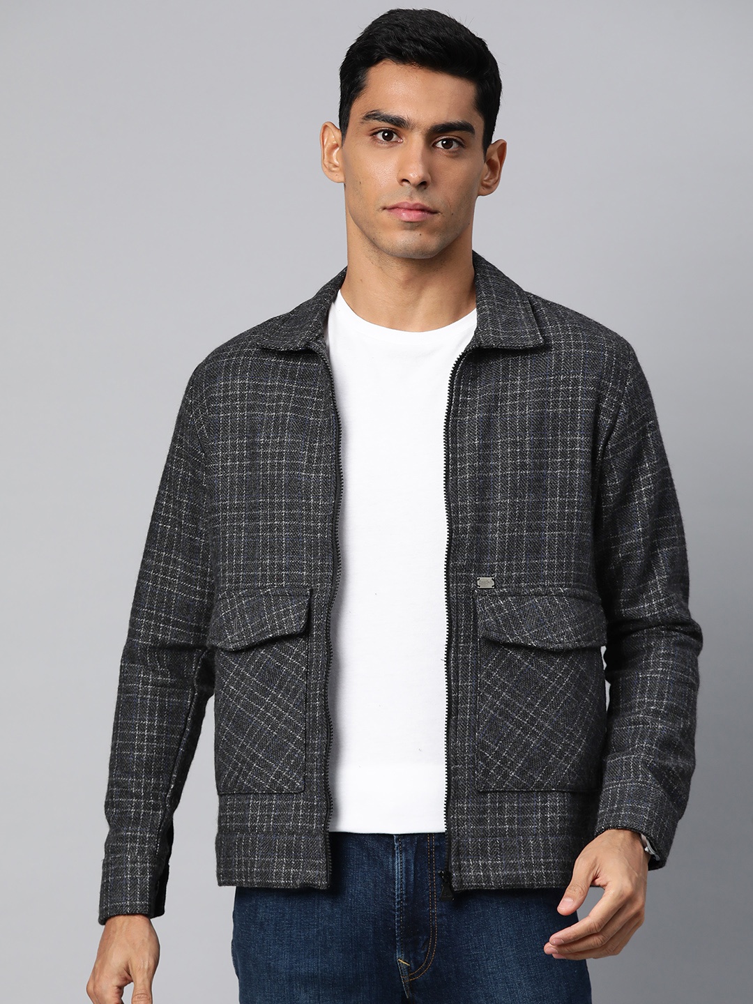 

Pierre Carlo Men Checked Woollen Open Front Jacket, Grey