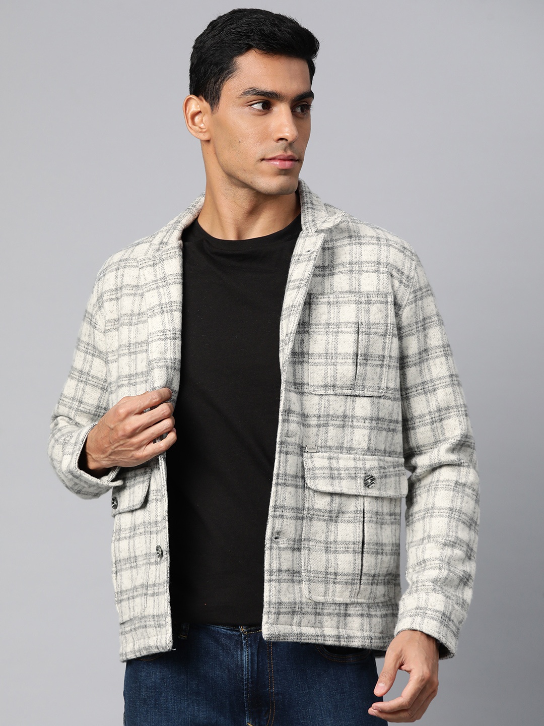 

Pierre Carlo Men Checked Woollen Open Front Jacket, Off white