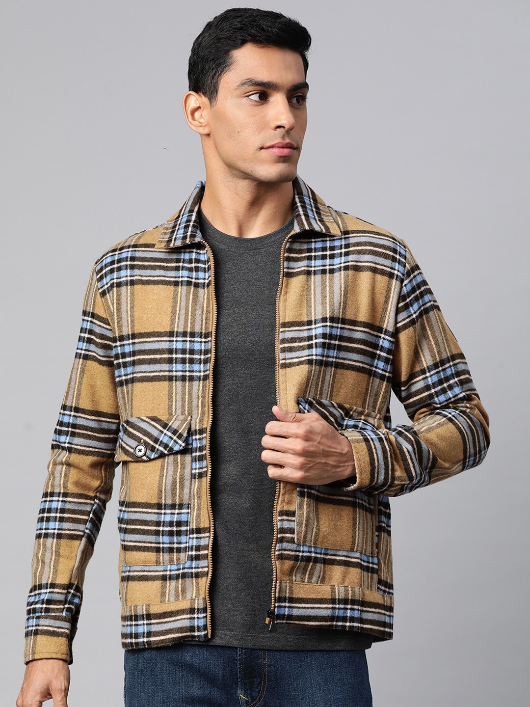 

Pierre Carlo Men Checked Open Front Jacket, Camel brown