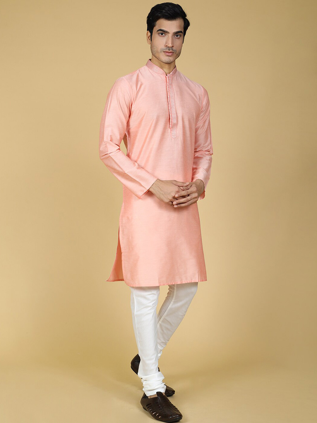 

Sultan The King Of Kurta Mandarin Collar Pastels Cotton Silk Straight Kurta, Peach