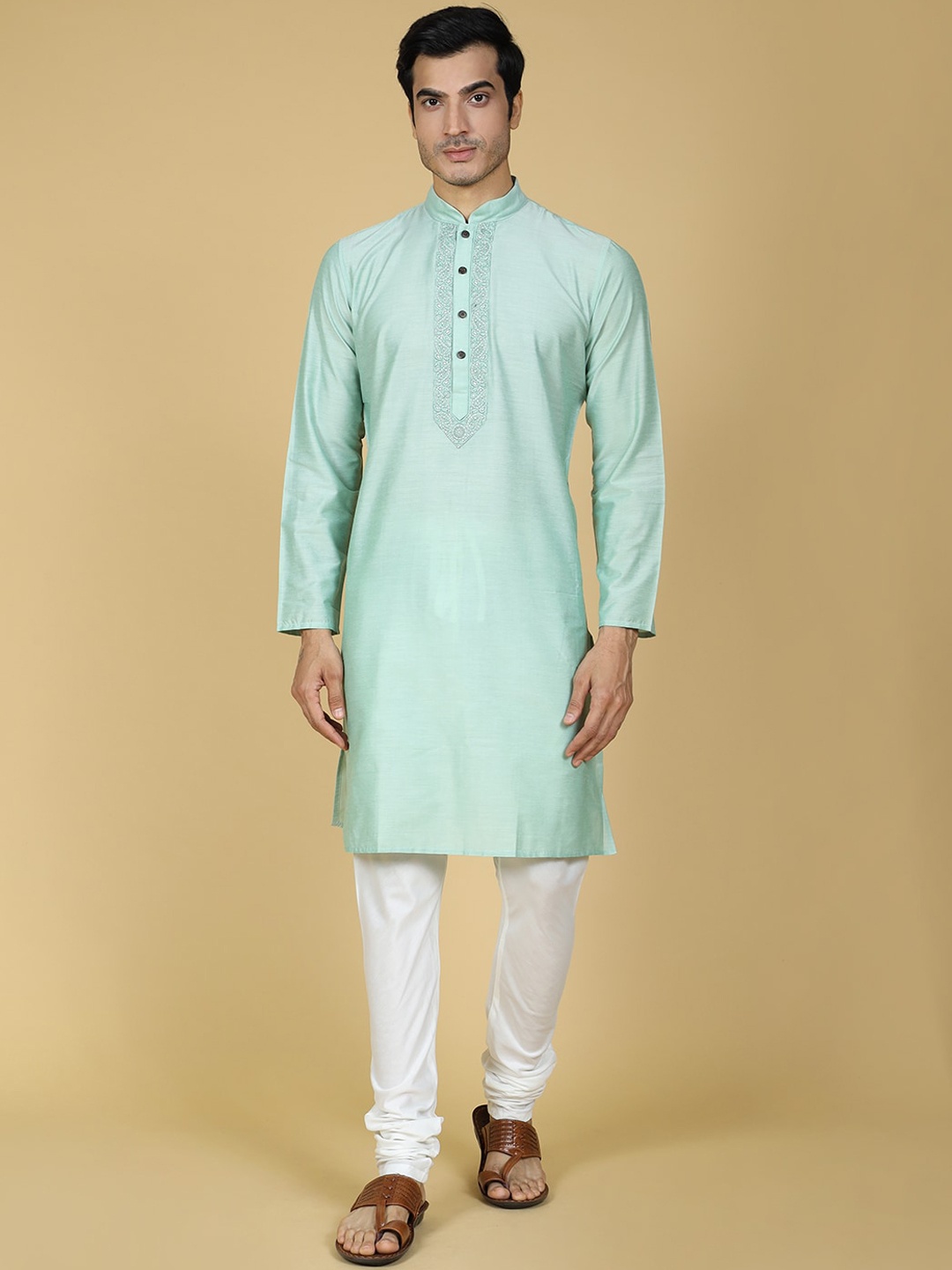 

Sultan The King Of Kurta Mandarin Collar Cotton Silk Straight Kurta, Sea green