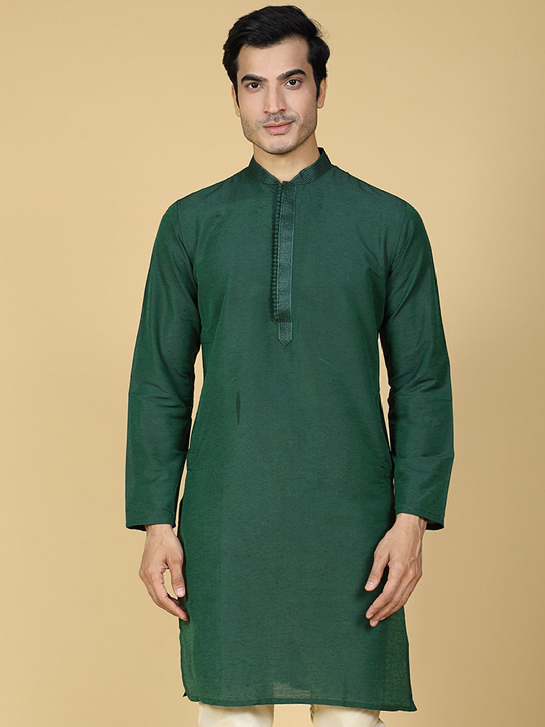 

Sultan The King Of Kurta Mandarin Collar Cotton Silk Straight Kurta, Green