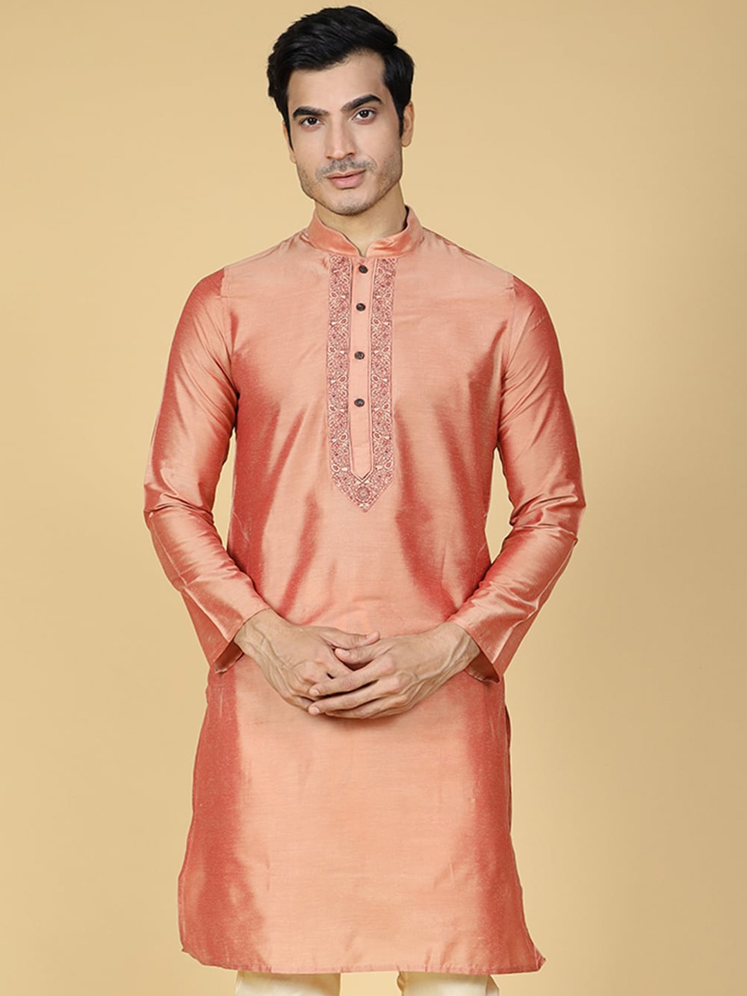 

Sultan The King Of Kurta Mandarin Collar Cotton Silk Straight Kurta, Coral