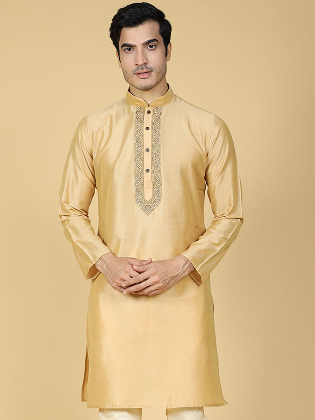 

Sultan The King Of Kurta Mandarin Collar Thread Work Cotton Silk Straight Kurta, Beige
