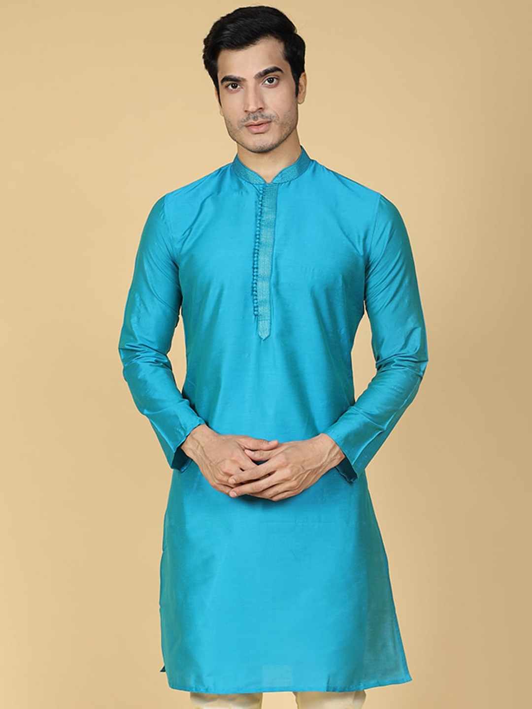 

Sultan The King Of Kurta Mandarin Collar Cotton Silk Straight Kurta, Turquoise blue